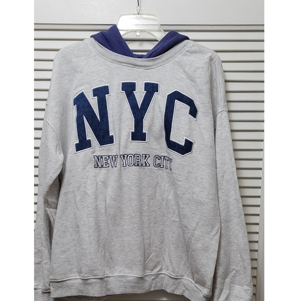 NYC Hoodie New York City Hoodie Gray Navy Blue Graphic Sweatshirt XL thick warm